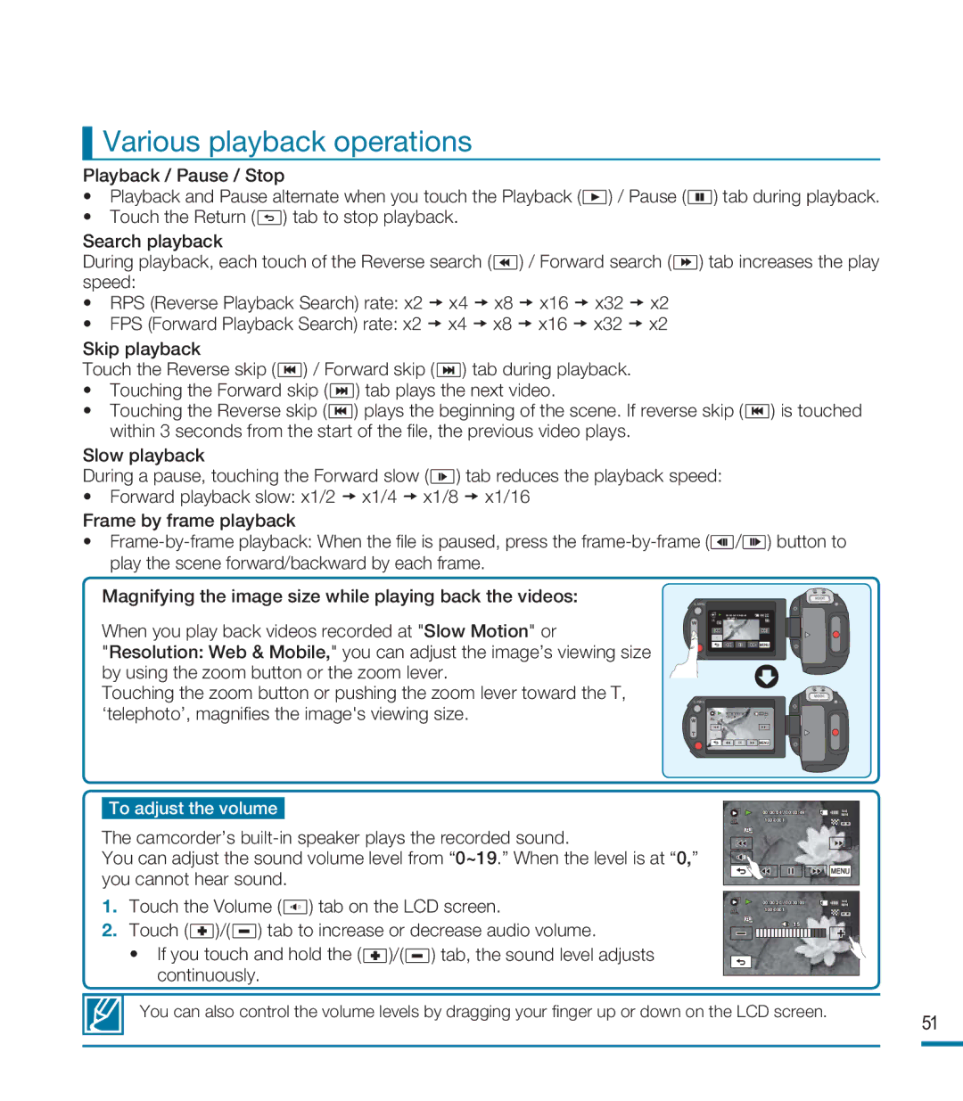 Samsung HMX-M20BN, HMX-M20N user manual Various playback operations, To adjust the volume 