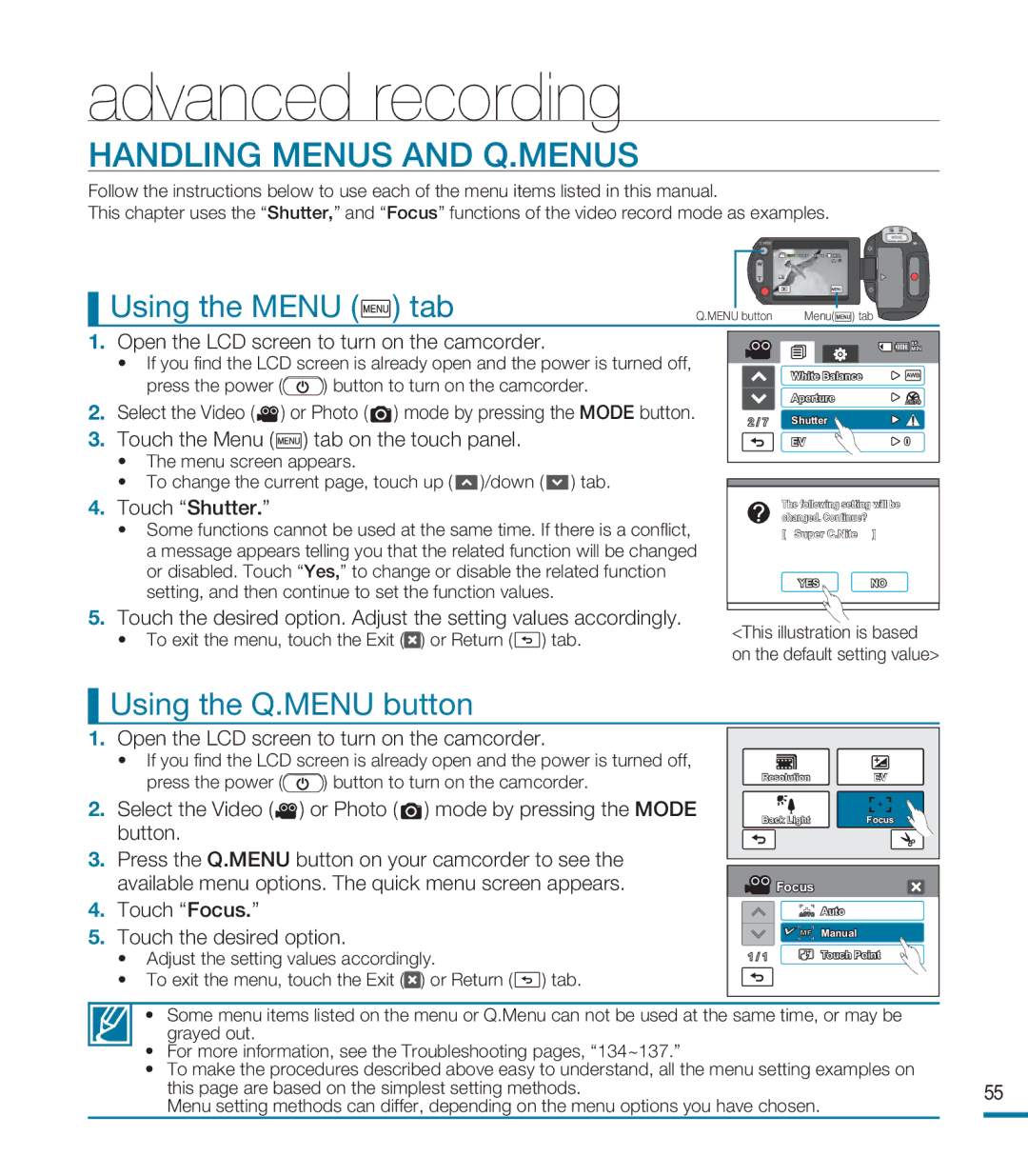 Samsung HMX-M20BN, HMX-M20N user manual Advanced recording, Handling Menus and Q.MENUS, Using the Q.MENU button 