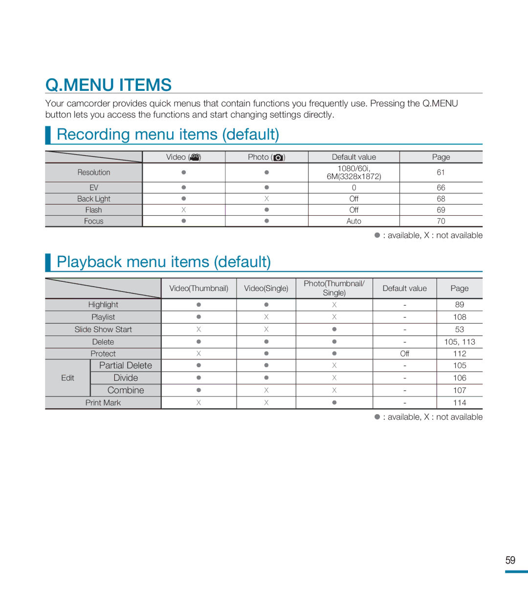 Samsung HMX-M20BN, HMX-M20N user manual Recording menu items default, Playback menu items default 