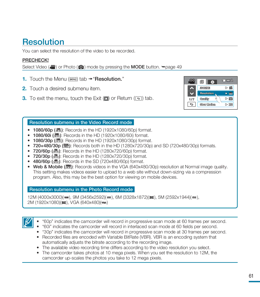 Samsung HMX-M20BN, HMX-M20N user manual Resolution submenu in the Video Record mode 