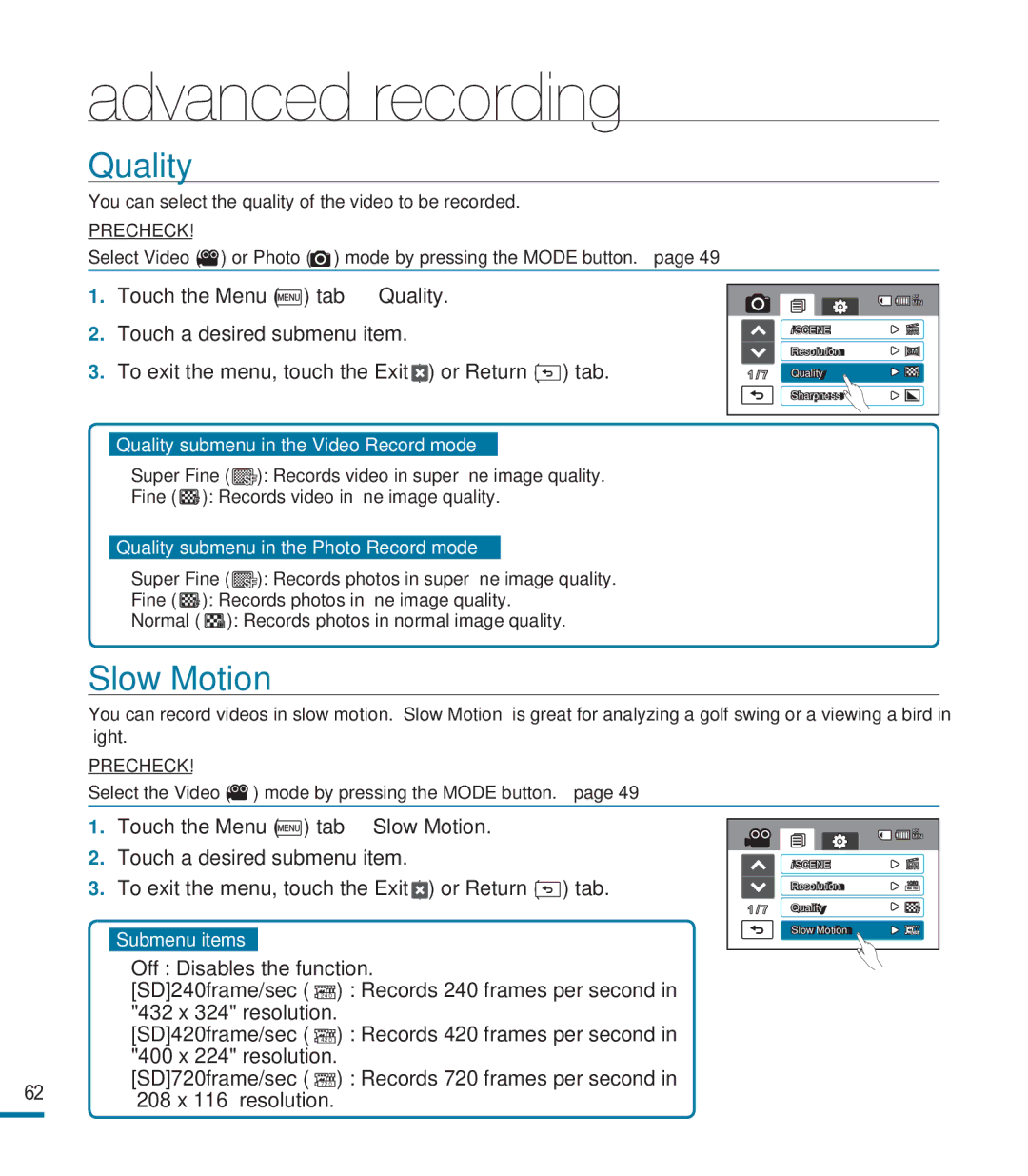 Samsung HMX-M20N, HMX-M20BN user manual Quality, Slow Motion 