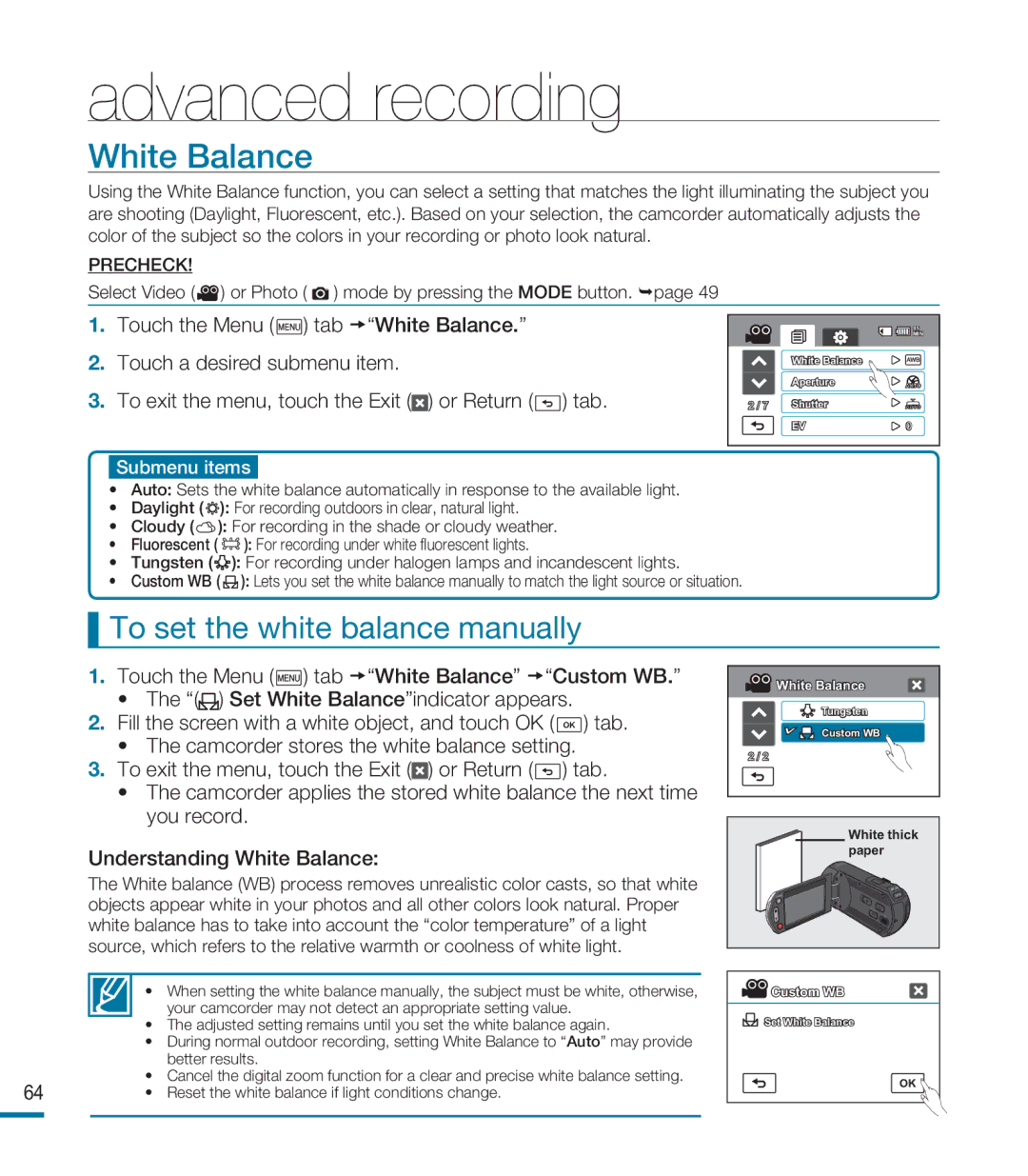 Samsung HMX-M20N, HMX-M20BN user manual White Balance, To set the white balance manually 