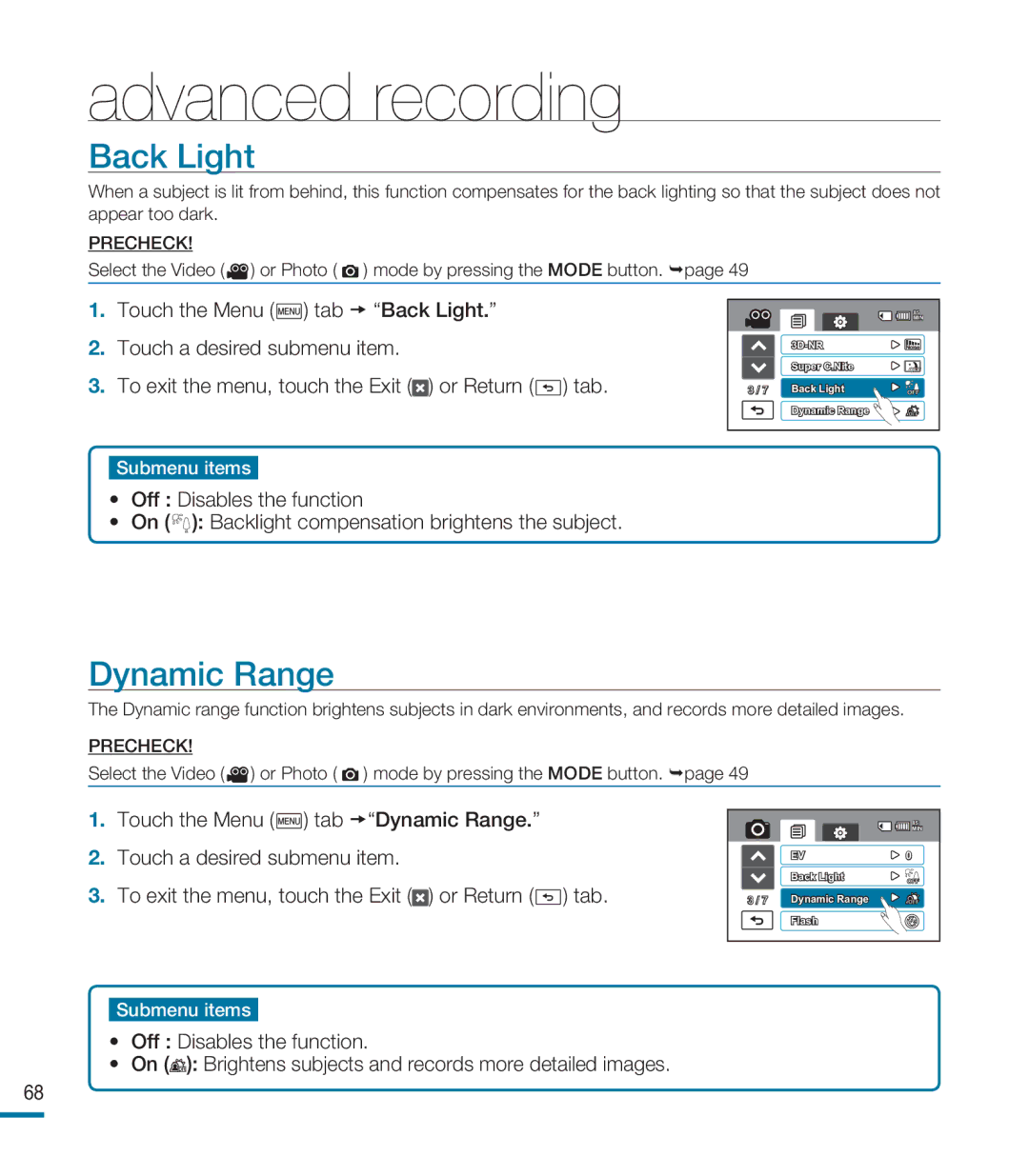 Samsung HMX-M20N, HMX-M20BN user manual Back Light, Dynamic Range 