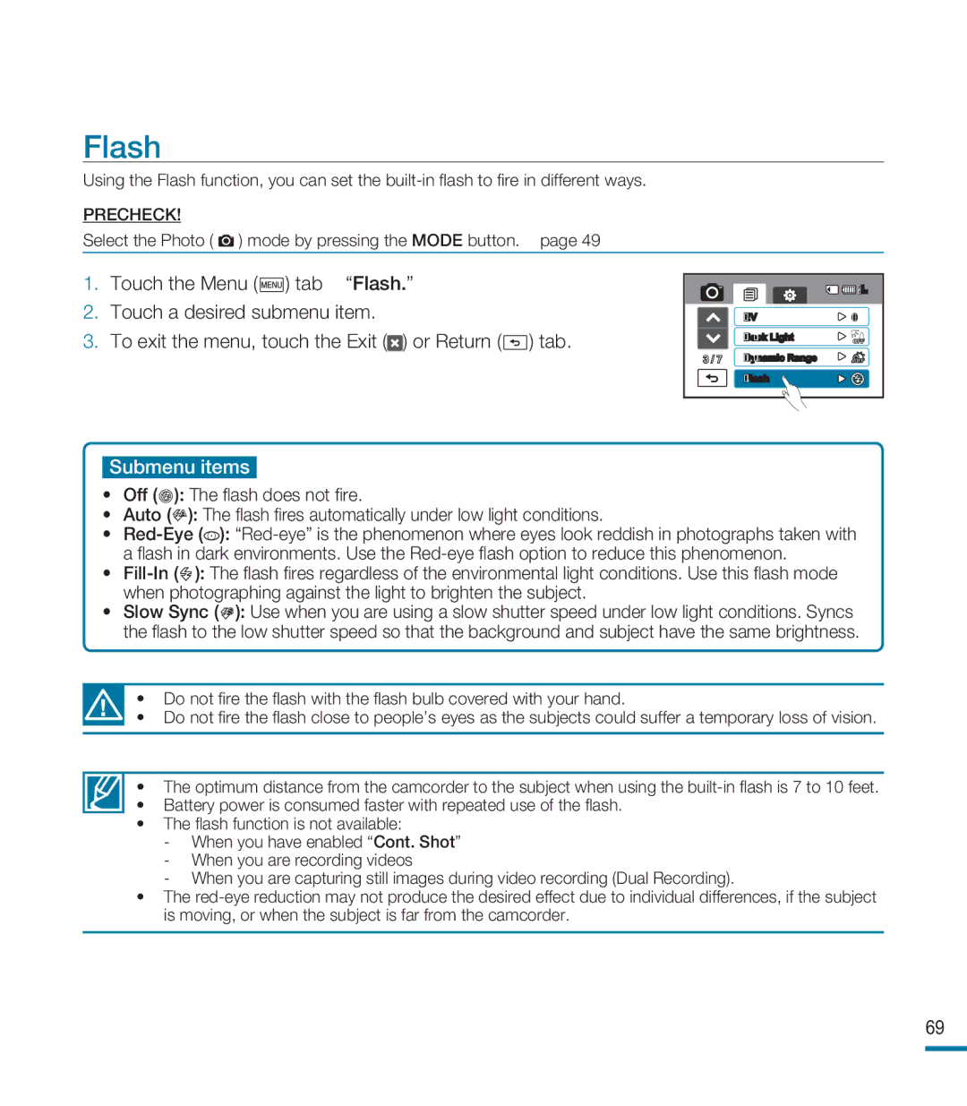 Samsung HMX-M20BN, HMX-M20N user manual Flash, Submenu items 