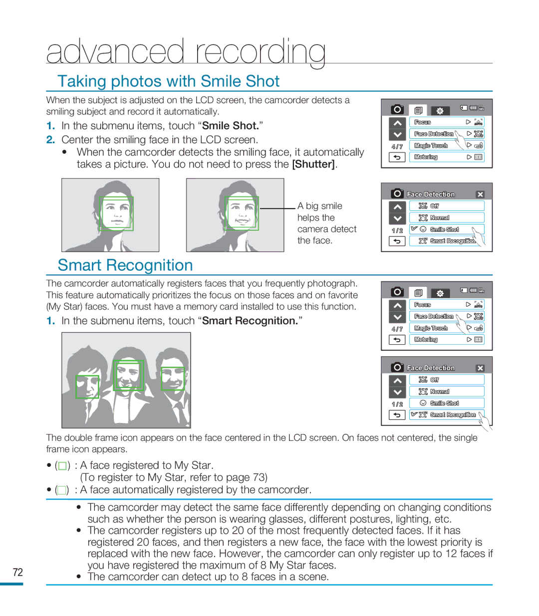 Samsung HMX-M20N, HMX-M20BN user manual Taking photos with Smile Shot, Submenu items, touch Smart Recognition 