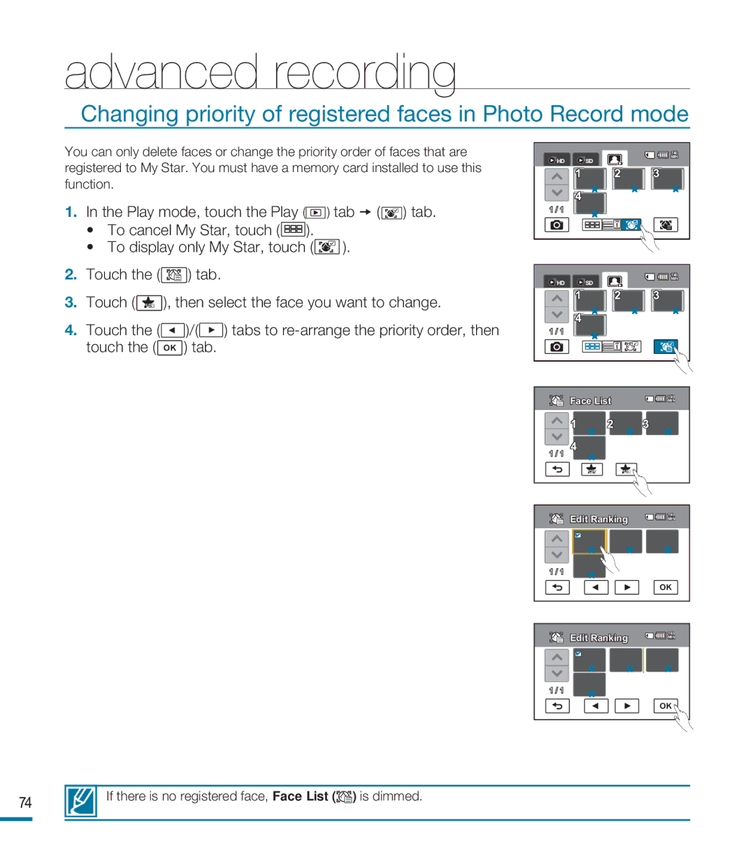 Samsung HMX-M20N, HMX-M20BN user manual Changing priority of registered faces in Photo Record mode 