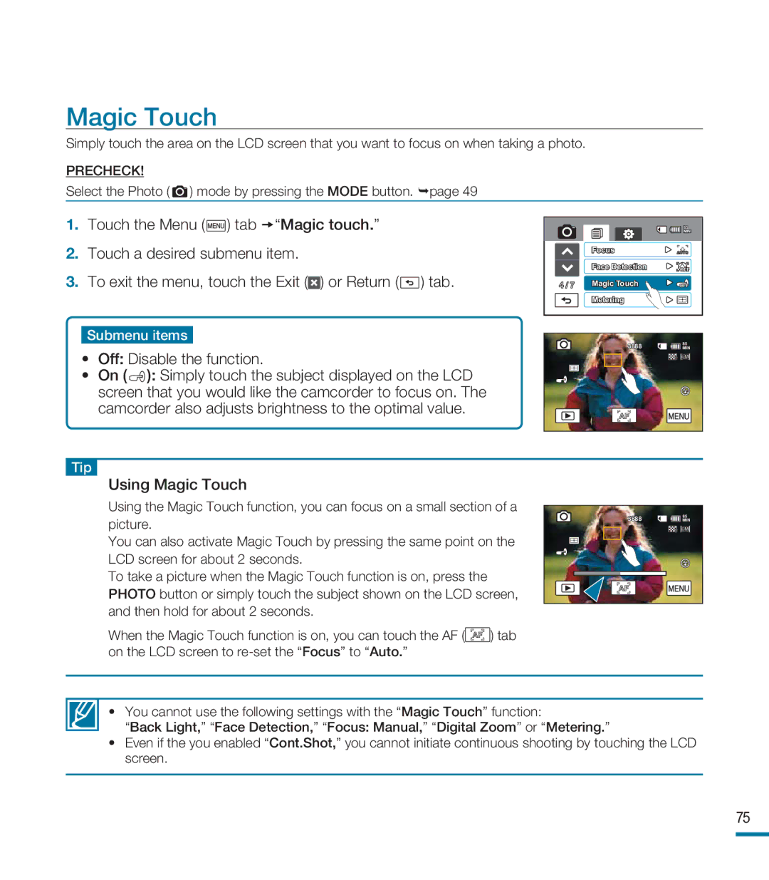 Samsung HMX-M20BN, HMX-M20N user manual Off Disable the function, Using Magic Touch 