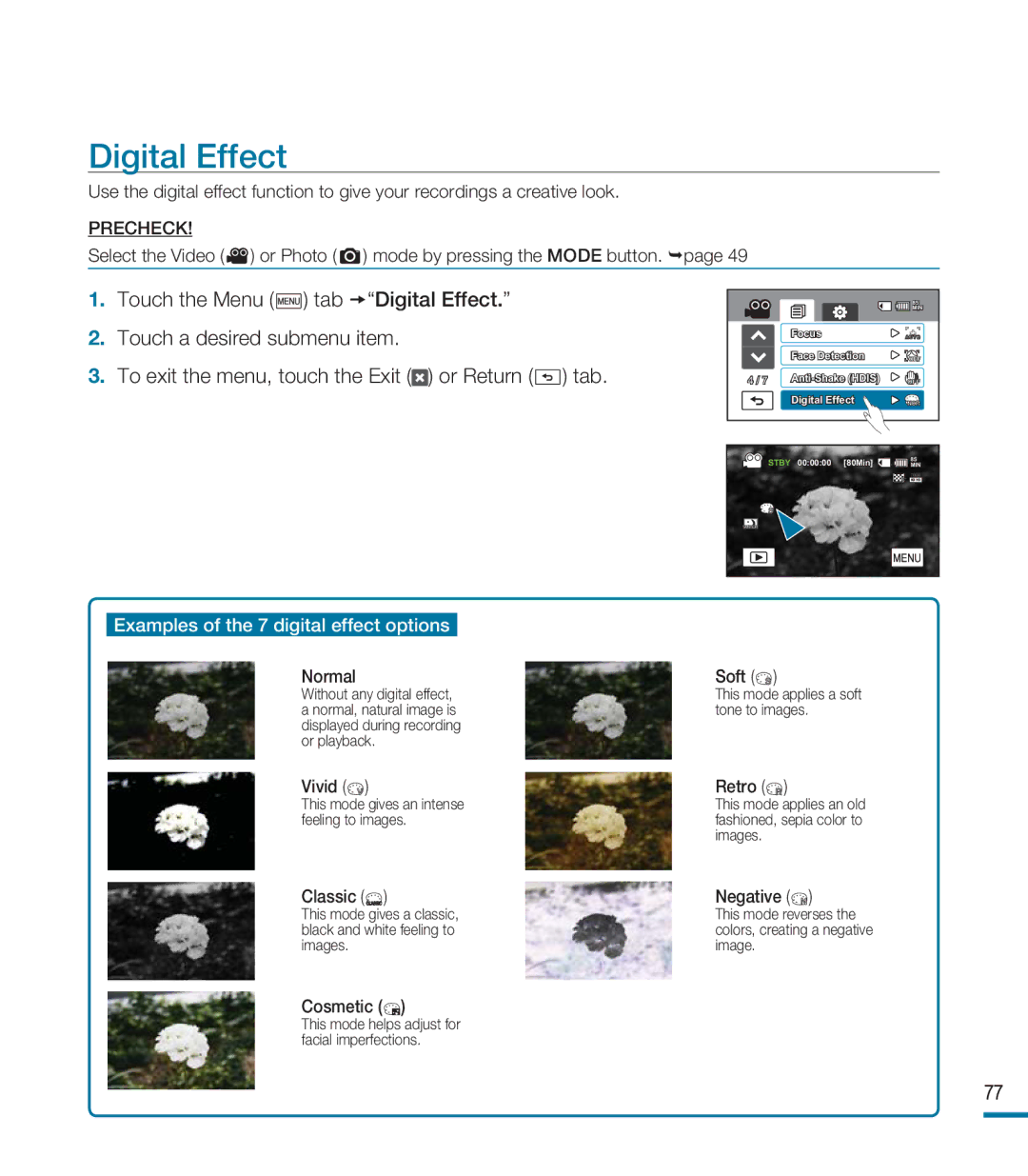 Samsung HMX-M20BN, HMX-M20N user manual Digital Effect, Examples of the 7 digital effect options 