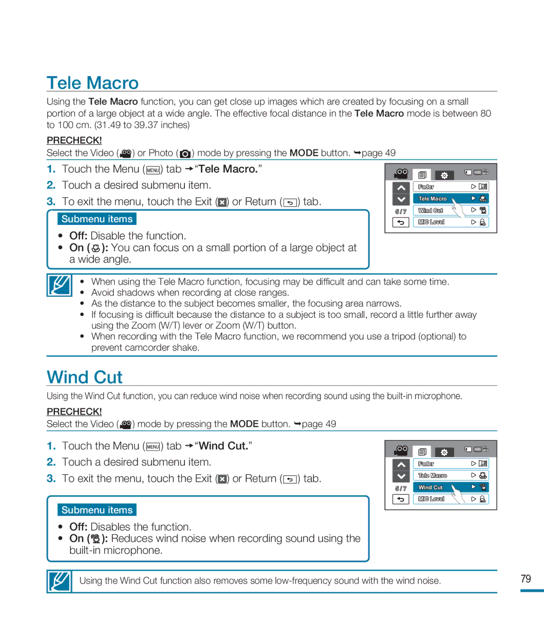 Samsung HMX-M20BN, HMX-M20N user manual Tele Macro, Wind Cut 