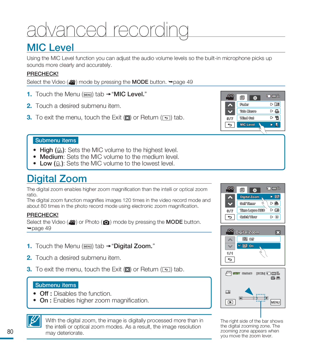 Samsung HMX-M20N, HMX-M20BN user manual MIC Level, Digital Zoom 