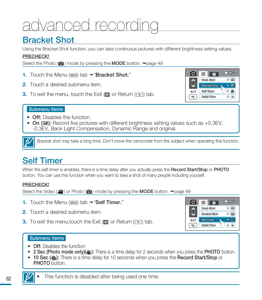 Samsung HMX-M20N, HMX-M20BN user manual Bracket Shot, Self Timer 