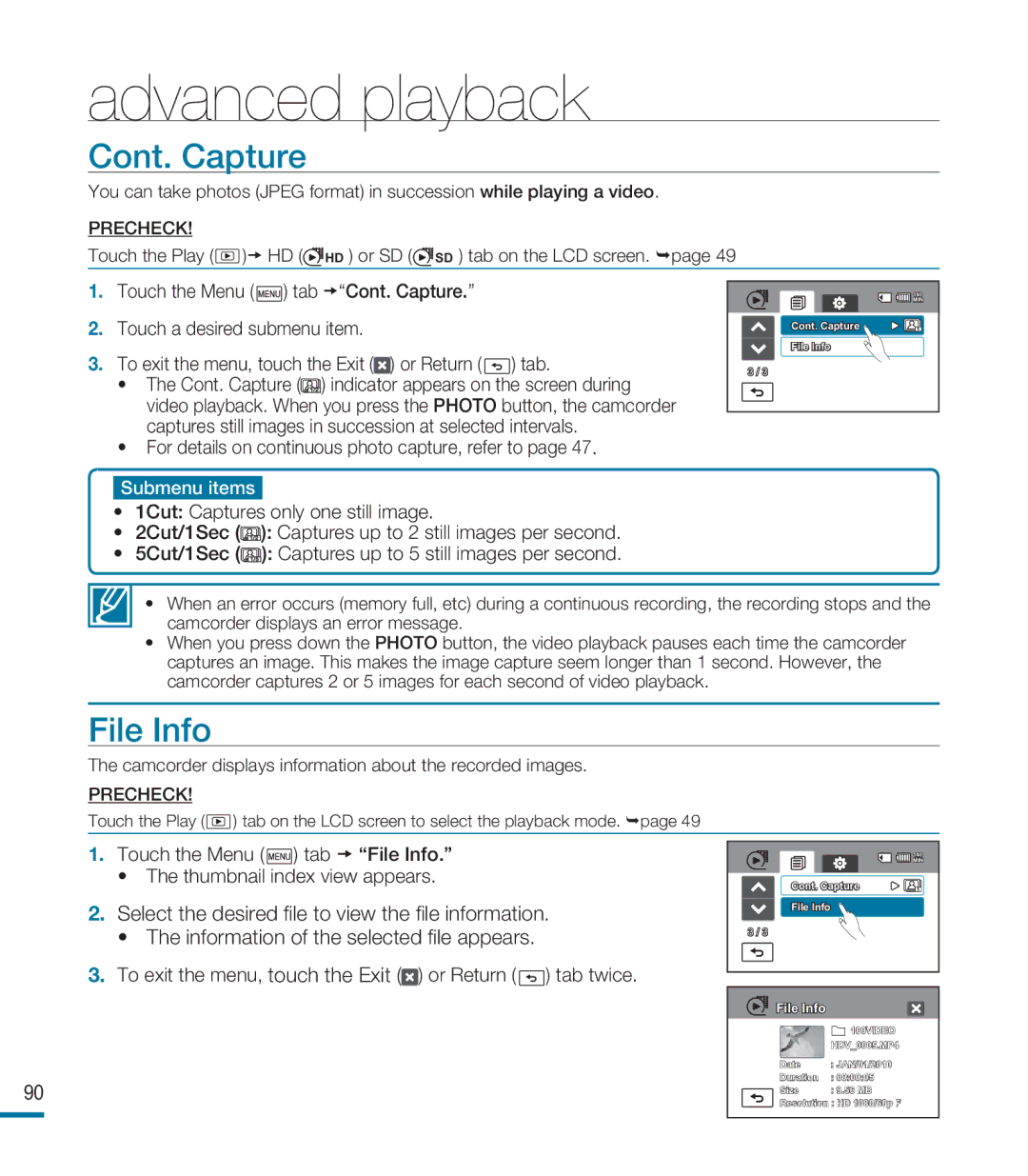 Samsung HMX-M20N, HMX-M20BN user manual Cont. Capture, File Info 