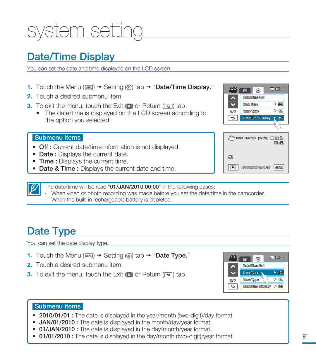 Samsung HMX-M20BN, HMX-M20N user manual Date/Time Display, Date Type 