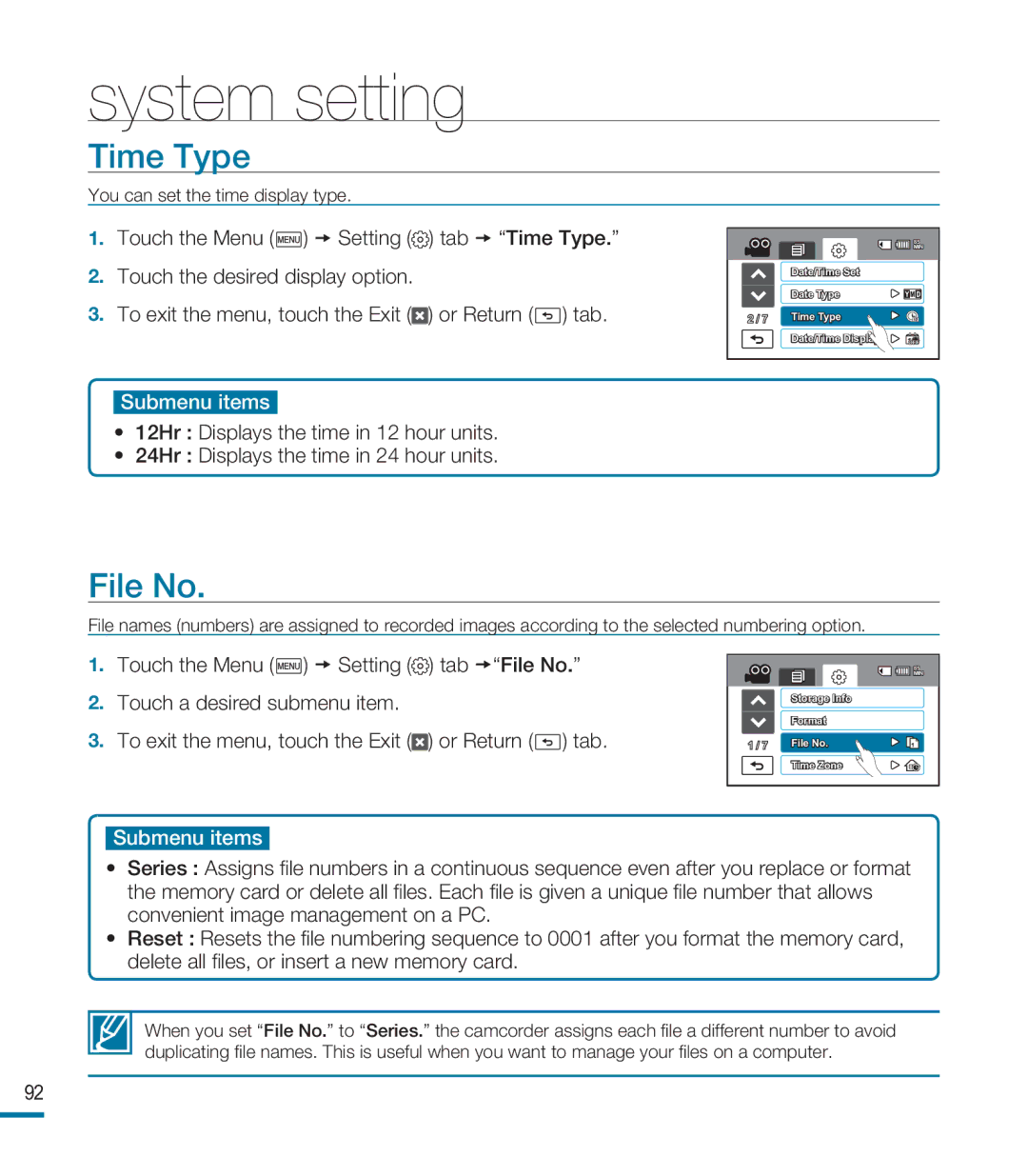 Samsung HMX-M20N, HMX-M20BN user manual Time Type, File No 