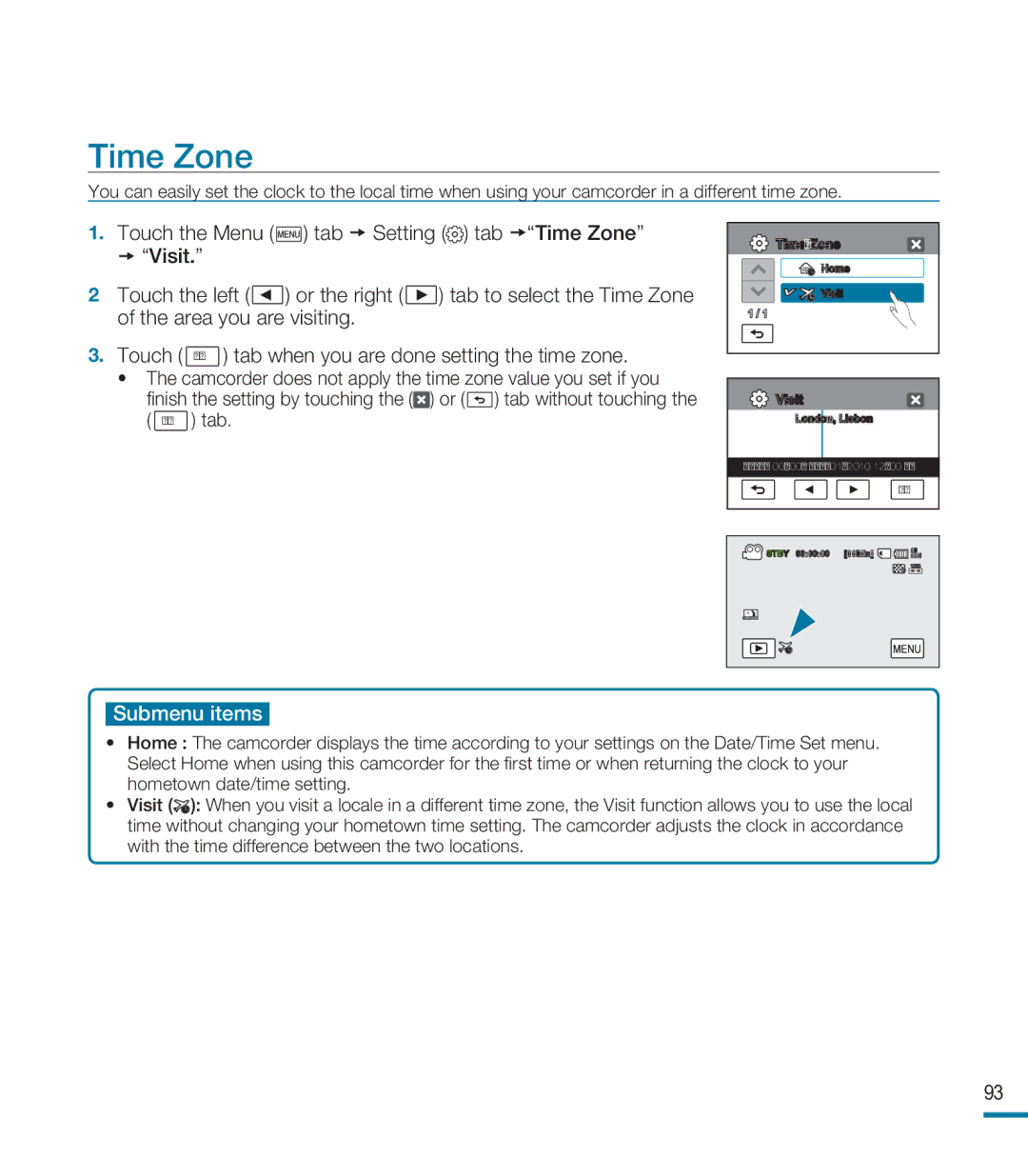 Samsung HMX-M20BN, HMX-M20N user manual Time Zone 