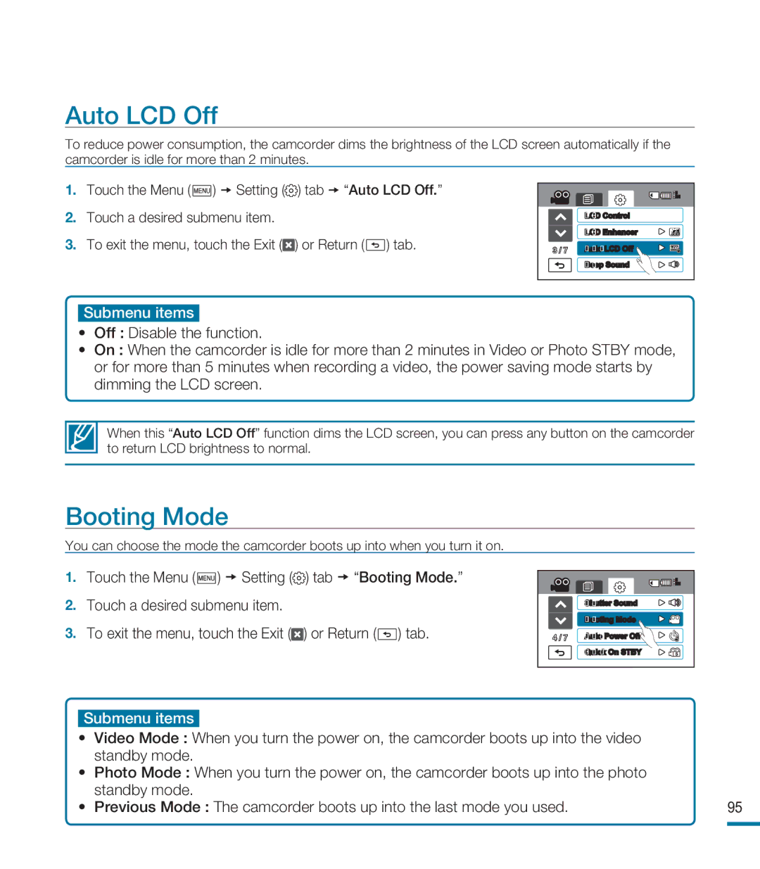 Samsung HMX-M20BN, HMX-M20N user manual Auto LCD Off, Booting Mode 