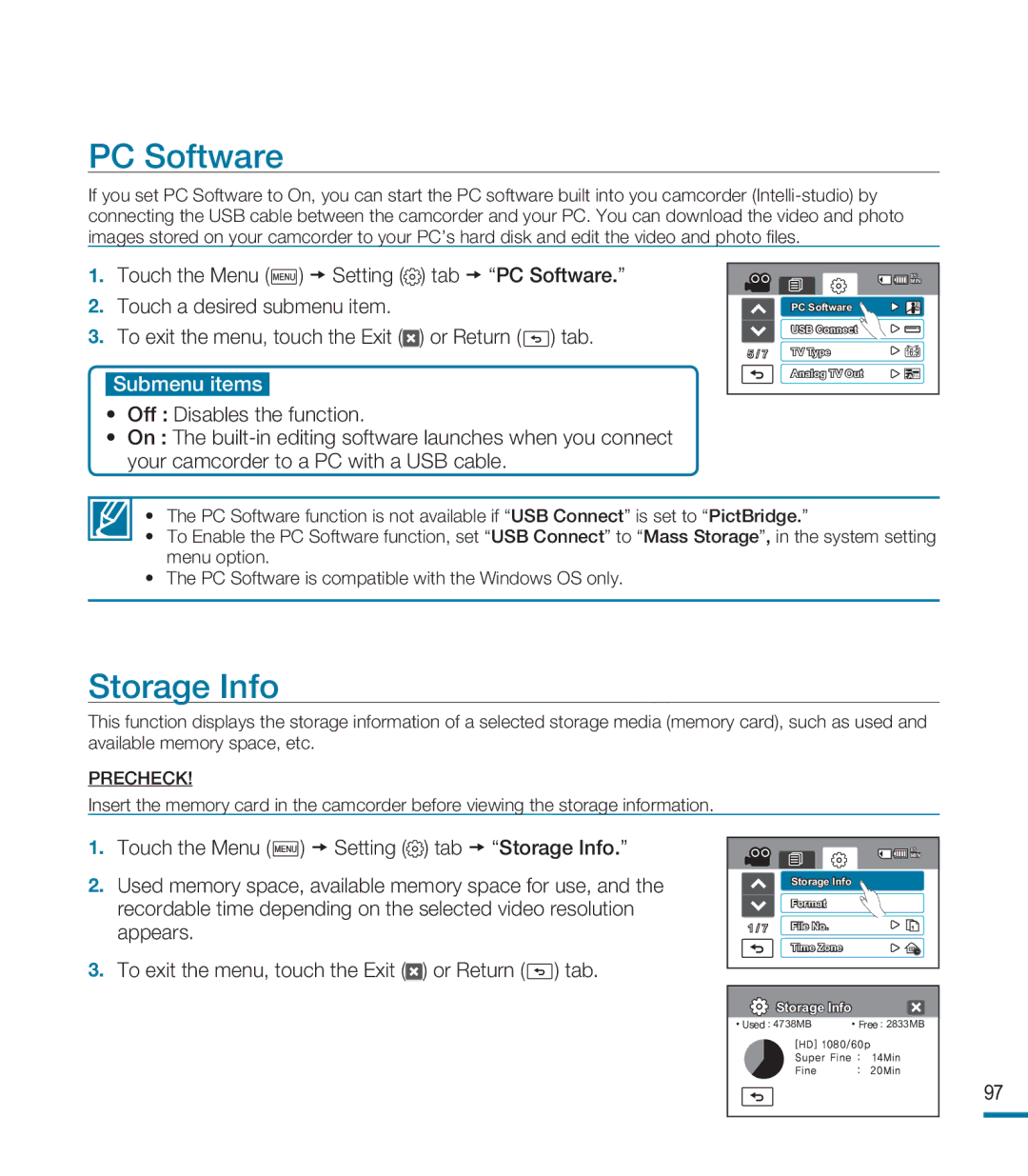 Samsung HMX-M20SD manual PC Software, Storage Info 