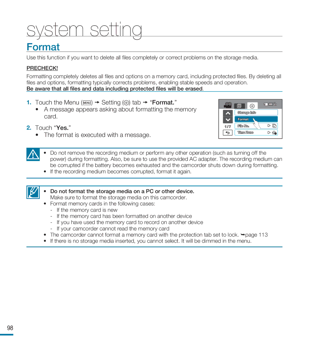 Samsung HMX-M20SD manual System setting, Format 