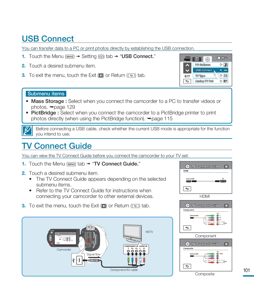 Samsung HMX-M20SD manual USB Connect, TV Connect Guide 