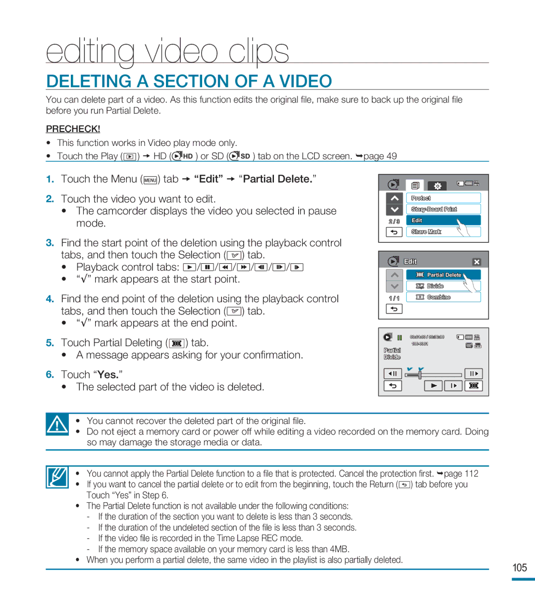 Samsung HMX-M20SD manual Editing video clips, Deleting a Section of a Video, 105 