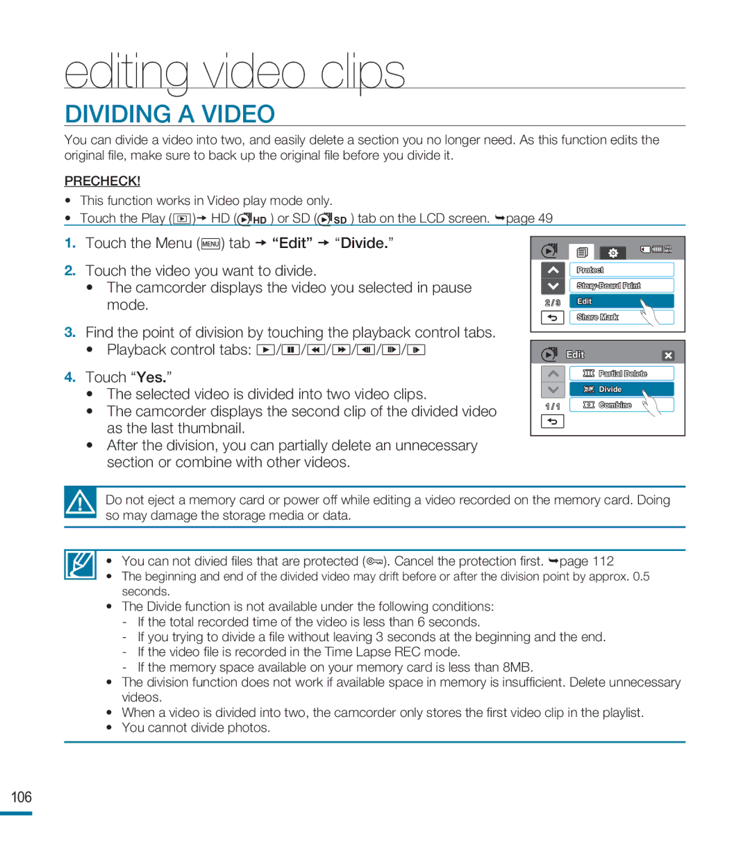 Samsung HMX-M20SD manual Dividing a Video, 106 