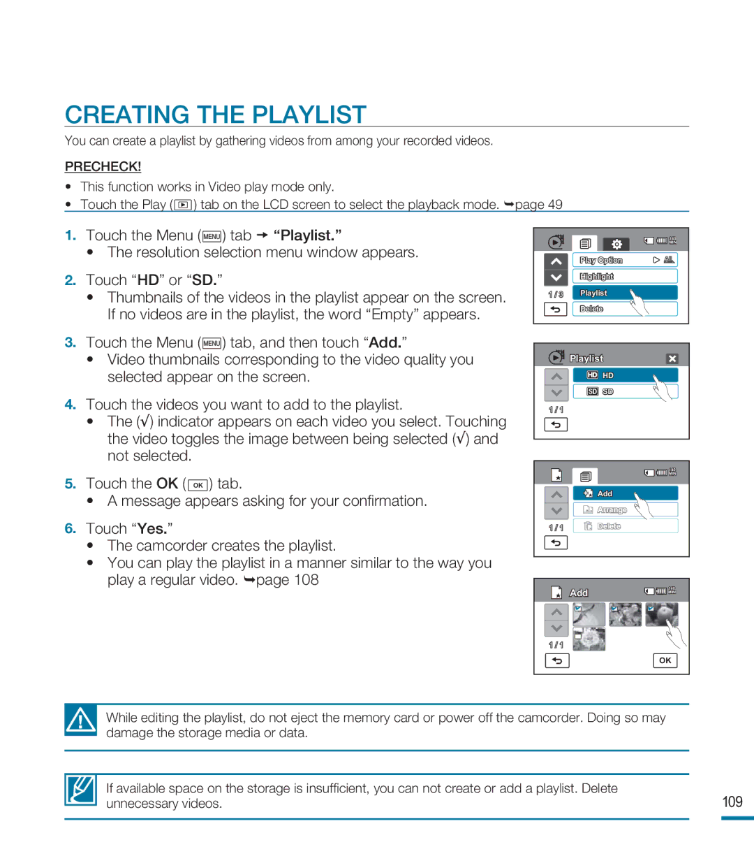 Samsung HMX-M20SD manual Creating the Playlist, 109 