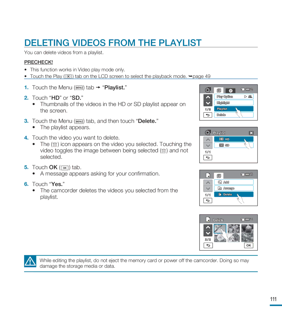 Samsung HMX-M20SD manual Deleting Videos from the Playlist, 111 