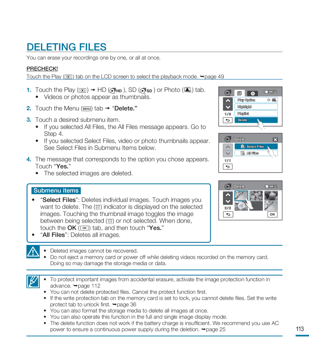 Samsung HMX-M20SD manual Deleting Files, Submenu items 