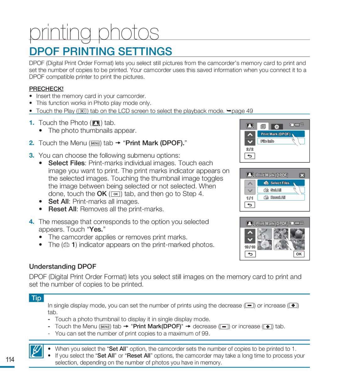 Samsung HMX-M20SD manual Printing photos, Dpof Printing Settings, Tip 