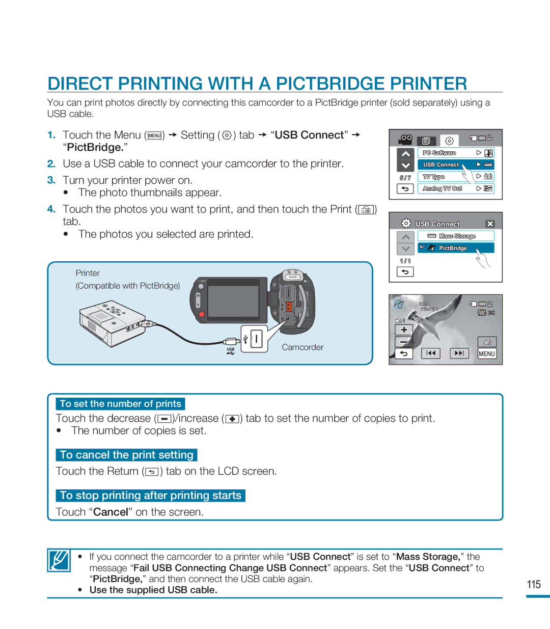 Samsung HMX-M20SD manual Direct Printing with a Pictbridge Printer, To cancel the print setting, Touch Cancel on the screen 