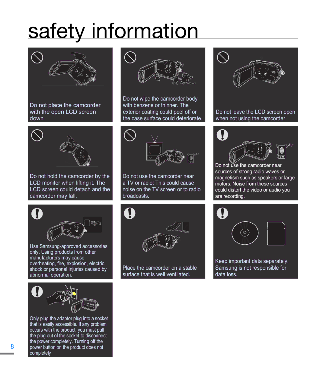 Samsung HMX-M20SD manual Do not place the camcorder with the open LCD screen down 