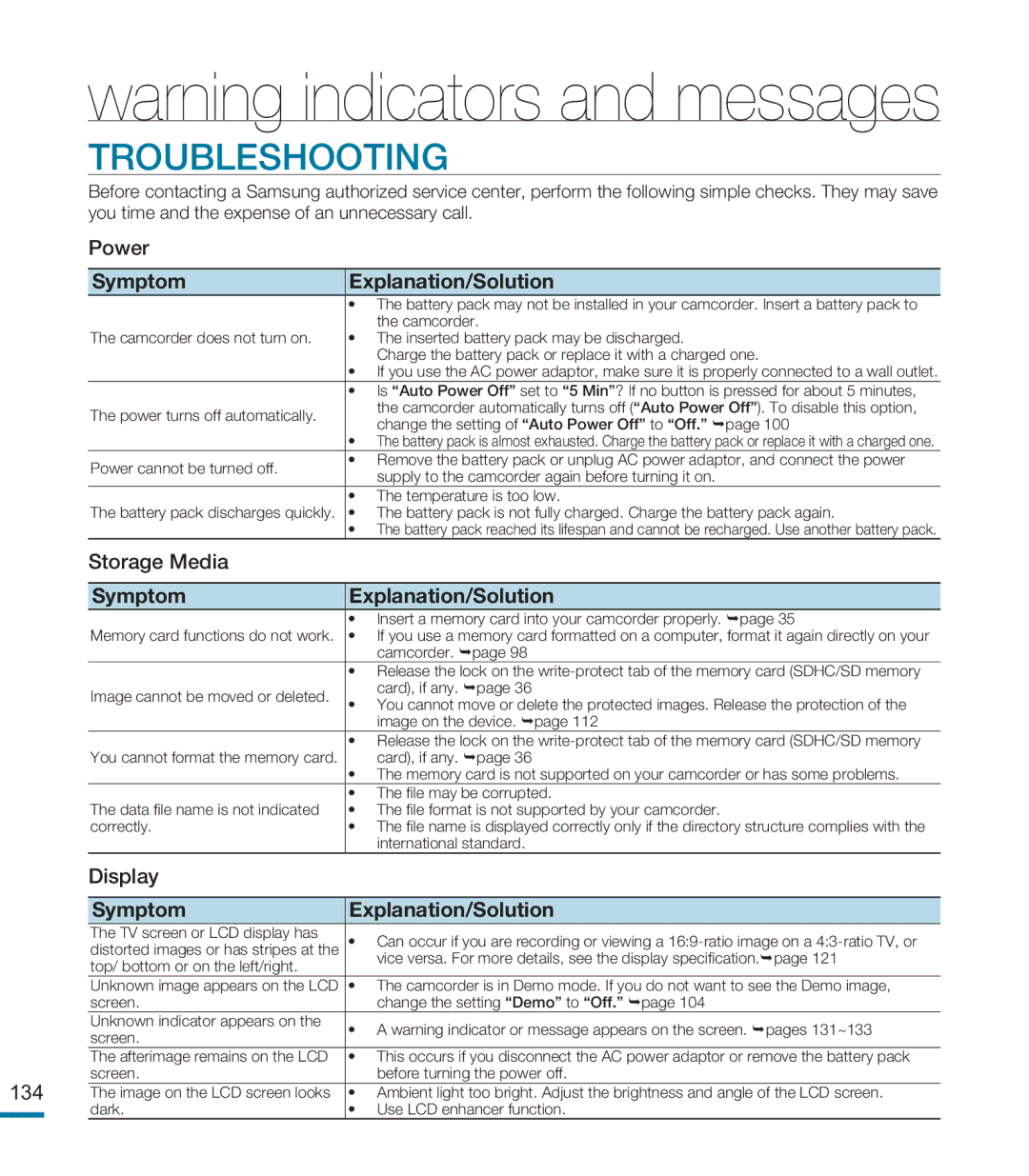 Samsung HMX-M20SD manual Power, 134 