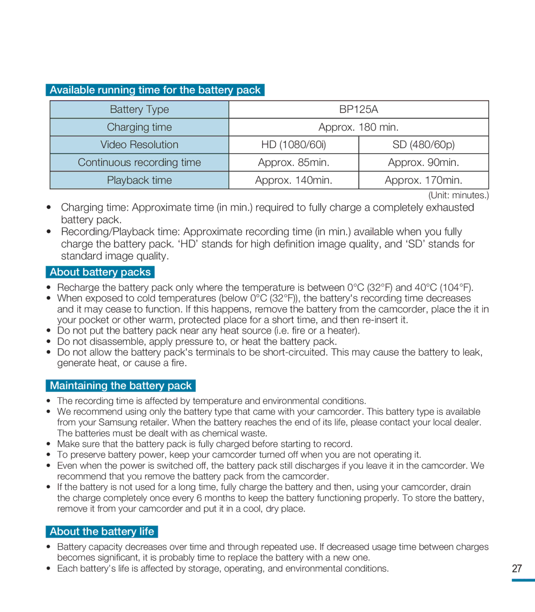 Samsung HMX-M20SD manual Available running time for the battery pack, Battery Type BP125A, About battery packs 