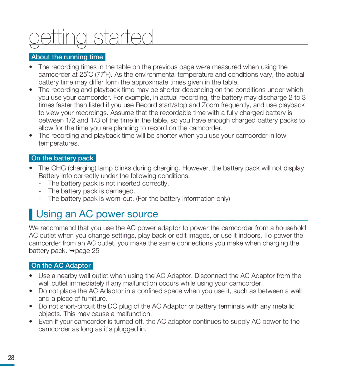 Samsung HMX-M20SD manual Using an AC power source, About the running time, On the battery pack, On the AC Adaptor 