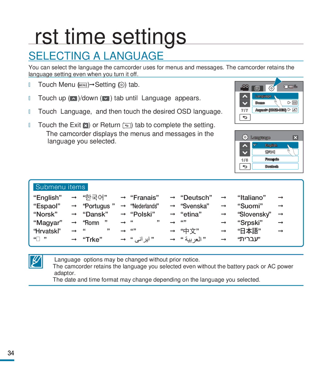 Samsung HMX-M20SD manual Selecting a Language, Türkçe 