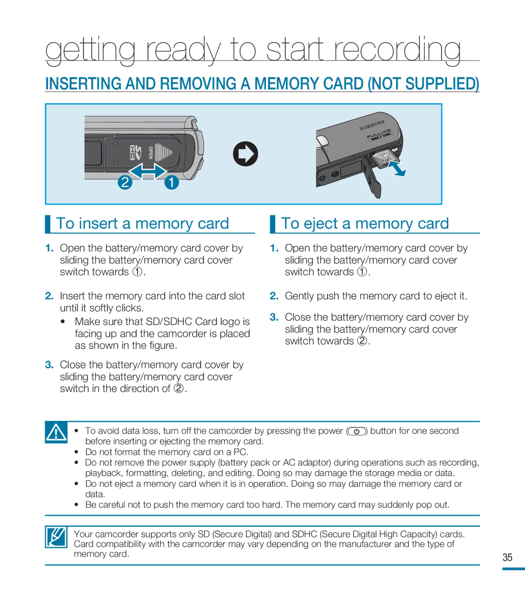 Samsung HMX-M20SD manual Getting ready to start recording, To insert a memory card To eject a memory card 