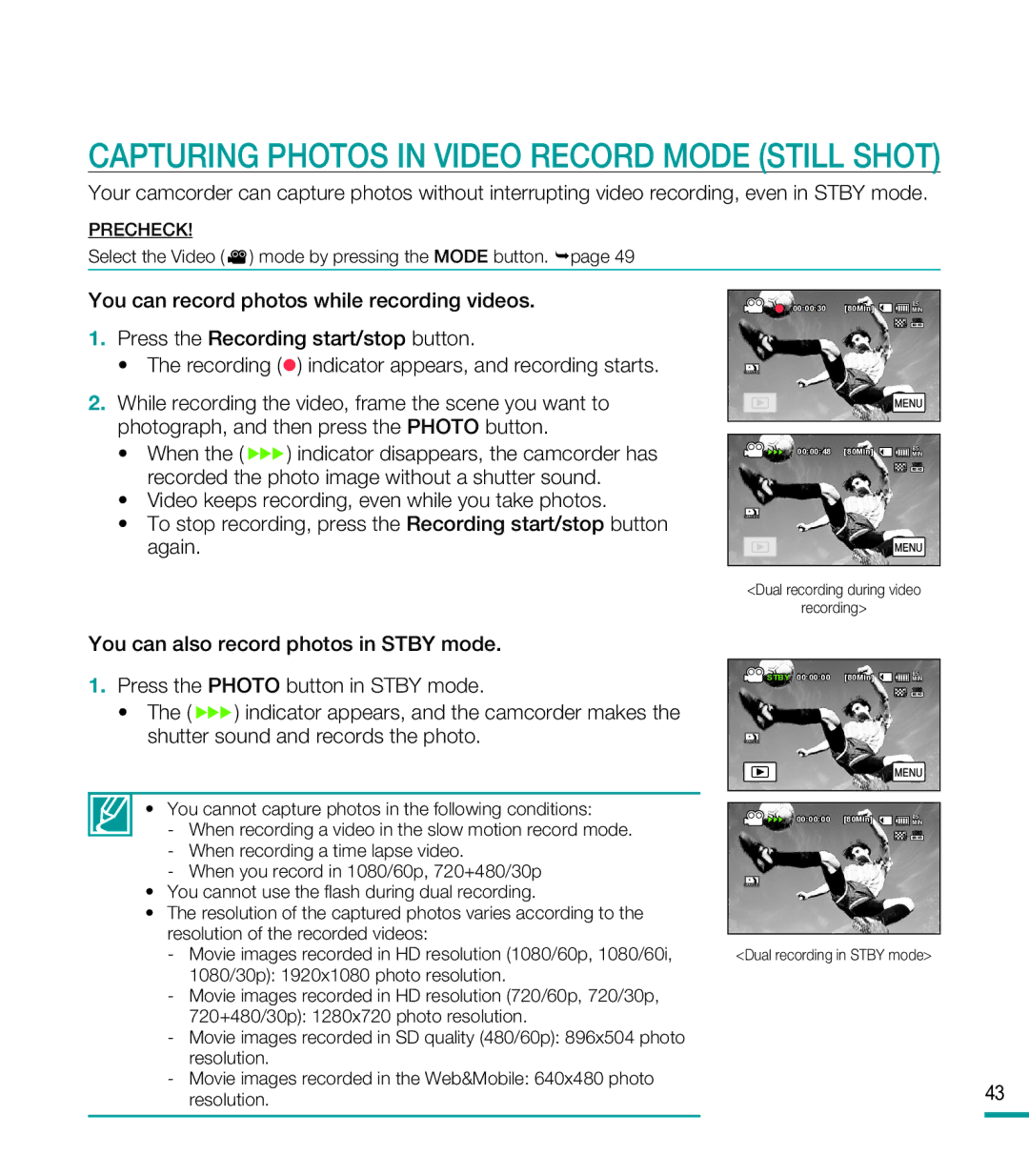 Samsung HMX-M20SD manual Capturing Photos in Video Record Mode Still Shot 