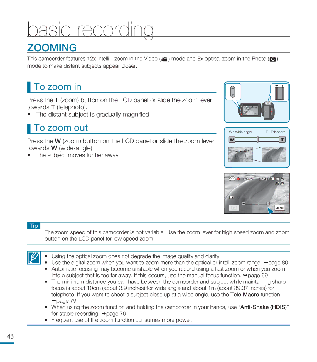 Samsung HMX-M20SD manual Zooming, To zoom out 