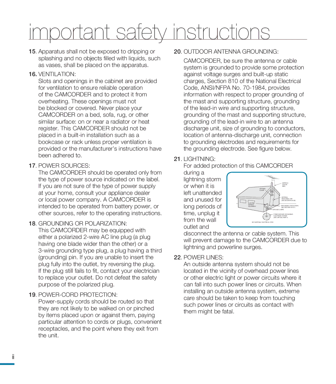 Samsung HMX-M20SD manual Ventilation 