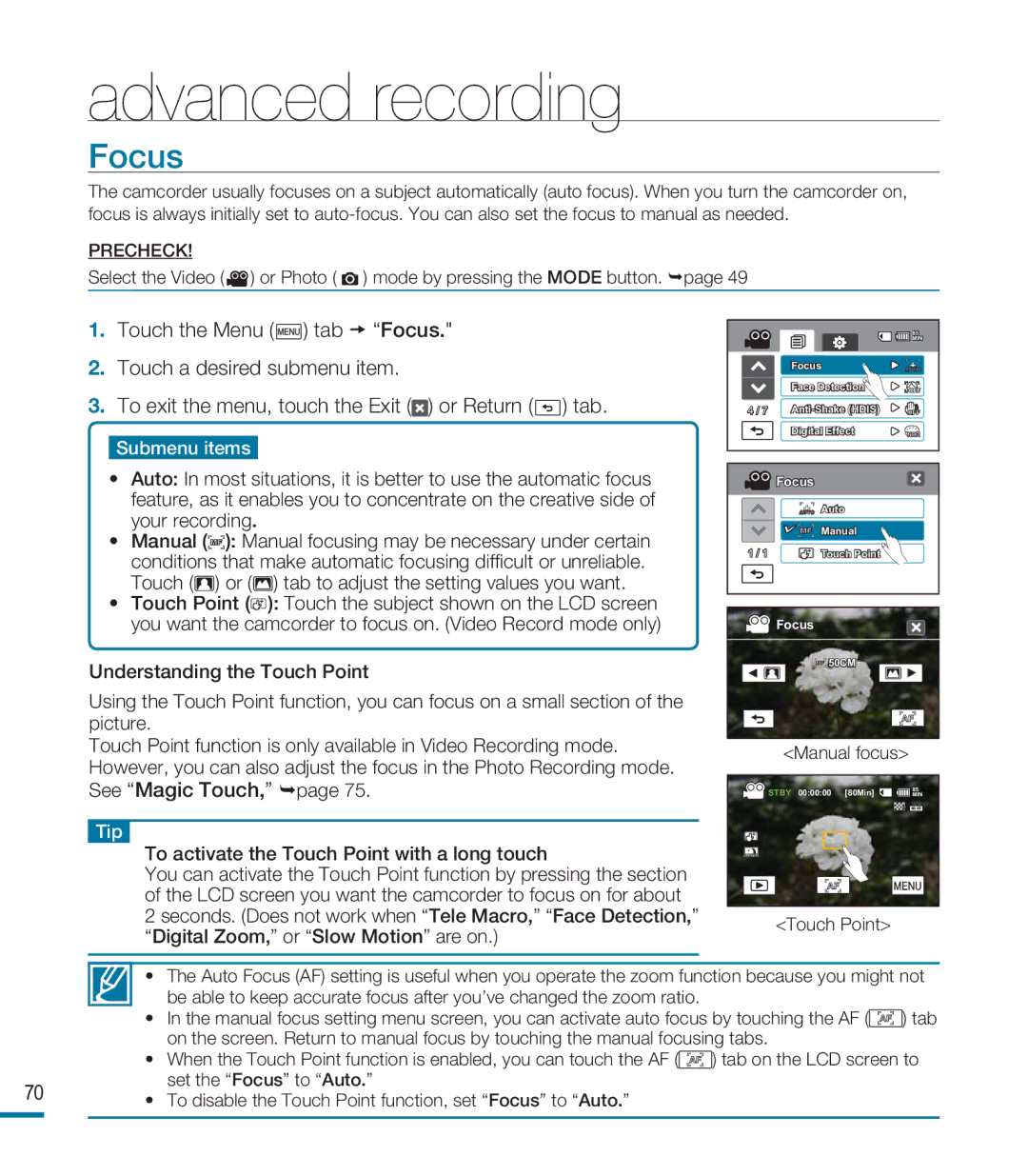 Samsung HMX-M20SD manual Focus, To activate the Touch Point with a long touch 