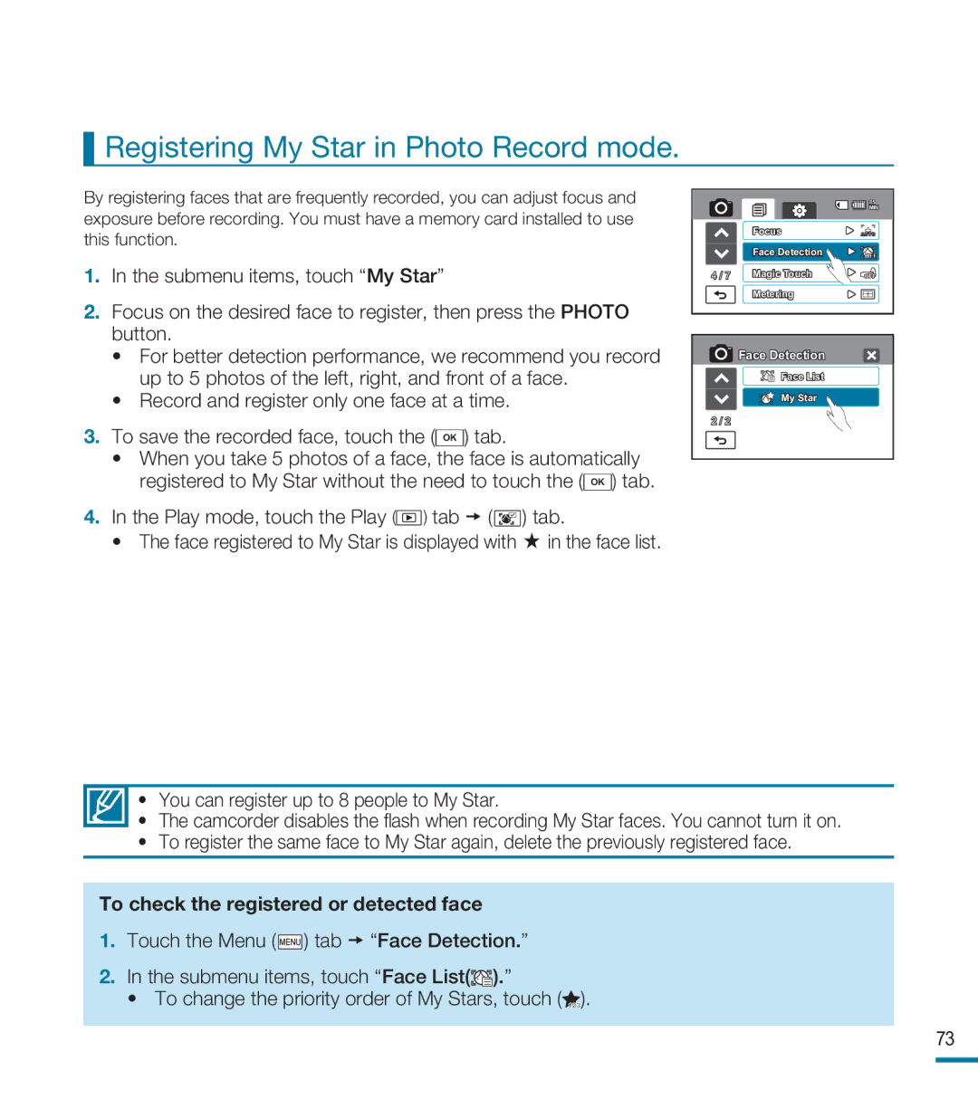 Samsung HMX-M20SD manual Registering My Star in Photo Record mode, Play mode, touch the Play tab tab 