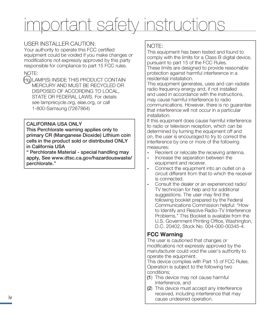 Samsung HMX-M20SD manual FCC Warning 