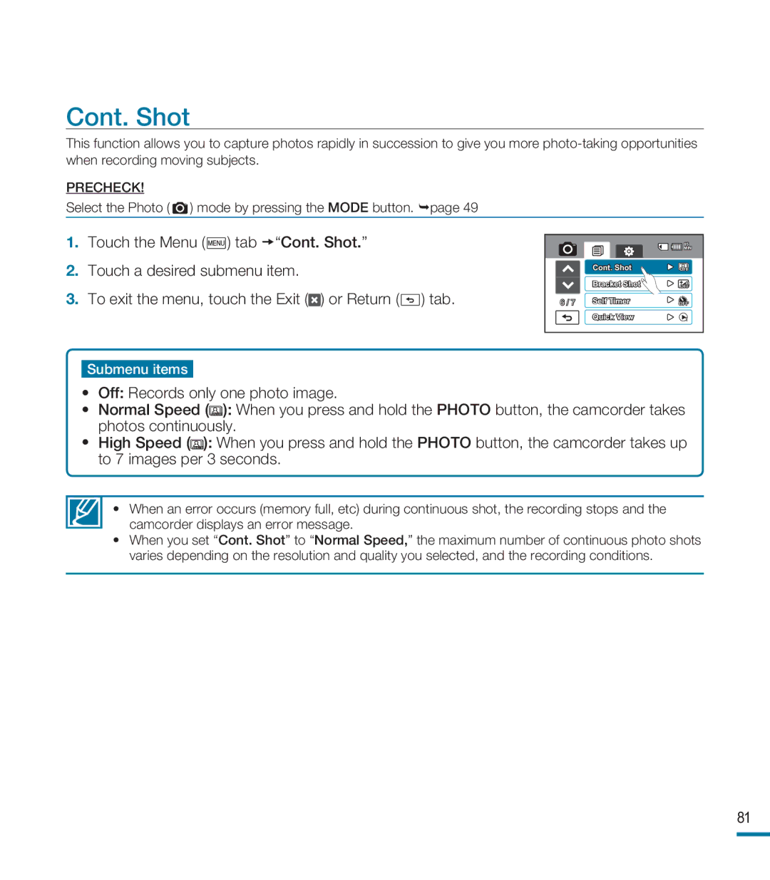 Samsung HMX-M20SD manual Cont. Shot 