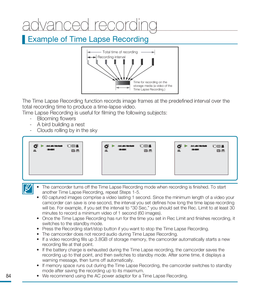 Samsung HMX-M20SD manual Example of Time Lapse Recording, Total time of recording 