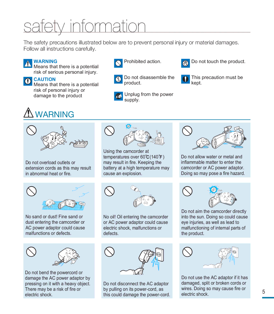 Samsung HMX-M20SD manual Safety information 