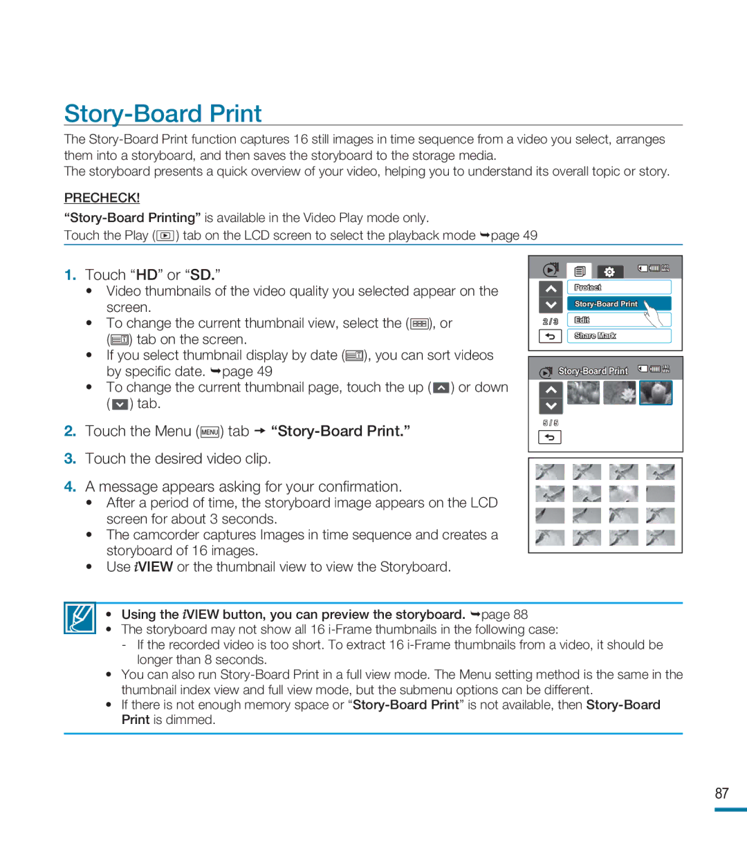 Samsung HMX-M20SD manual Story-Board Print, Touch HD or SD 