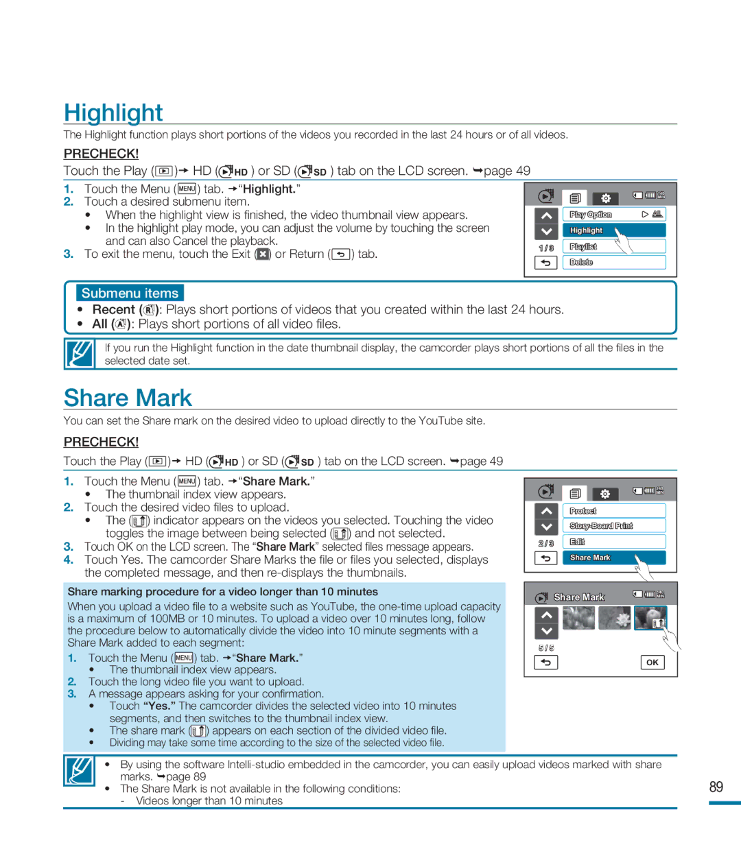 Samsung HMX-M20SD manual Highlight, Share Mark 