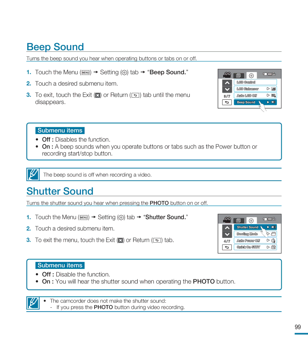 Samsung HMX-M20SN user manual Beep Sound, Shutter Sound 