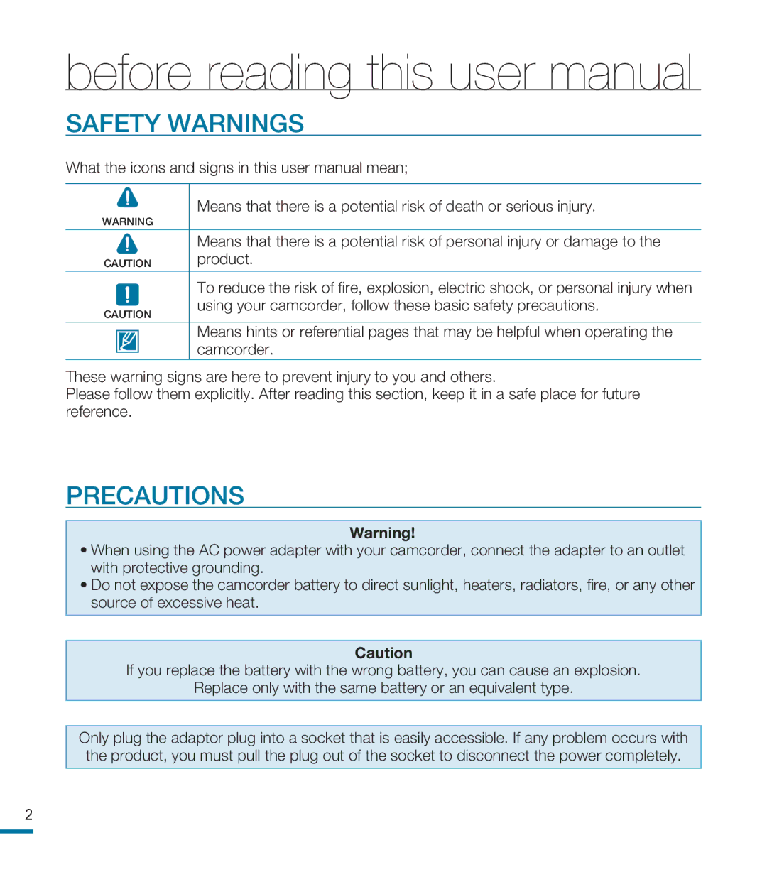 Samsung HMX-M20SN user manual Safety Warnings, Precautions, Product 