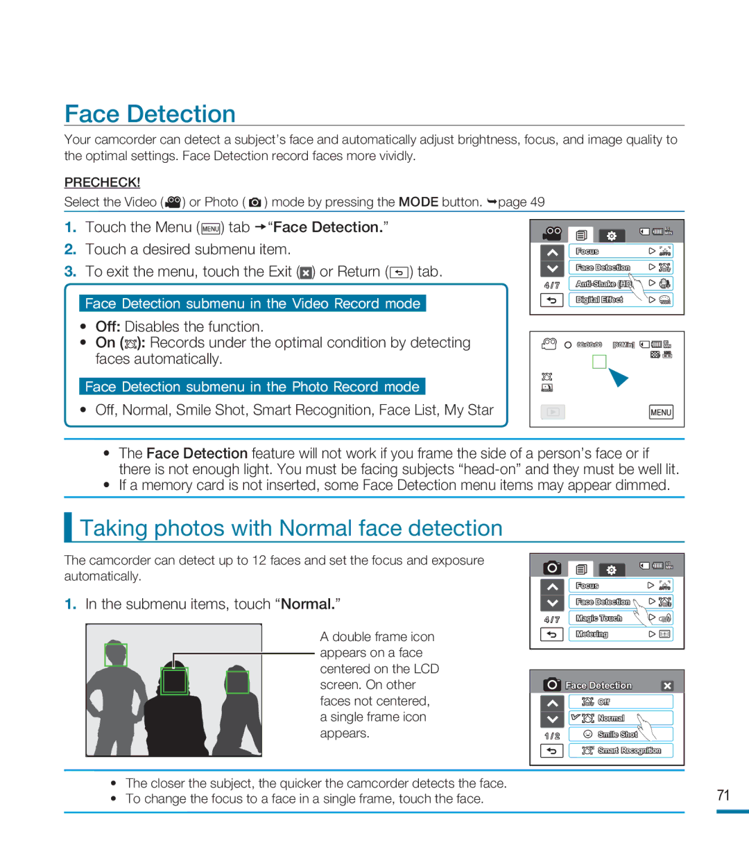 Samsung HMX-M20SN user manual Face Detection, Taking photos with Normal face detection, Submenu items, touch Normal 